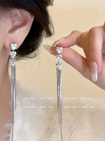 Long Heart Rhinestone Drop Earrings